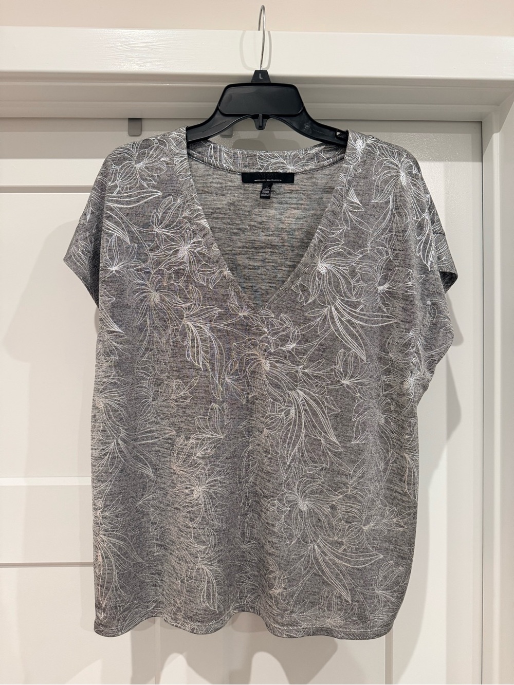 White House Black Market Gray Floral V-Neck Tee